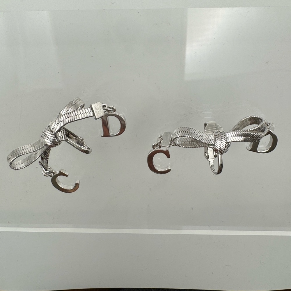 Christian Dior CD Silver Bow Dangle Monogram Earrings RARE! - Picture 2 of 8